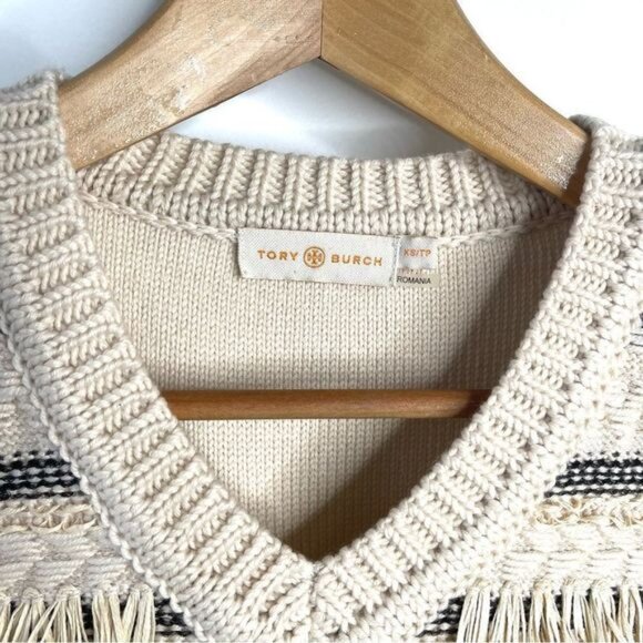 Tory Burch Women's Cream Jacquard Fringe Wool Sweater Vest Size XS - Picture 3 of 5